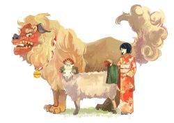 Rule 34 | :d, black eyes, black hair, chinese zodiac, commentary request, gemi, japanese clothes, kimono, lion dance, long sleeves, obi, open mouth, original, red kimono, sash, sheep, shishimai, simple background, smile, solo, standing, white background, wide sleeves, year of the goat