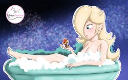 1boy 1girl artist_name bath blonde_hair blue_eyes breasts brown_hair bubble bubble_bath cleavage facial_hair giant giantess gloves hair_over_one_eye hat legs long_hair looking_at_another mario mario_(series) mustache nintendo overalls paper_mario paper_mario_(character) rosalina shiny_skin smile super_mario_galaxy