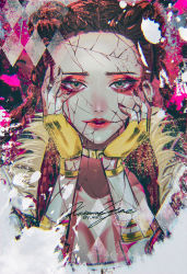 Rule 34 | 1girl, apex legends, braid, breasts, brown hair, cleavage, colored skin, cracked skin, eyeshadow, fingerless gloves, fur trim, gloves, gold choker, gold gloves, grey eyes, grey skin, hands on own face, jacket, loba (apex legends), looking at viewer, makeup, nail polish, parted lips, red eyeshadow, signature, solo, twin braids, twitter username, victorian vixen loba, wako (level5), white jacket