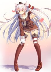 Rule 34 | 10s, 1girl, ;o, amatsukaze (kancolle), asymmetrical gloves, bad id, bad pixiv id, blush, brown eyes, collarbone, full body, garter straps, gloves, gradient background, grey hair, hairband, hand on own knee, hat, heart, highres, hopepe, jacket, kantai collection, kurripu, leaning forward, long hair, long sleeves, mini hat, one eye closed, outstretched arm, red footwear, red thighhighs, sailor collar, school uniform, shade, shoes, simple background, solo, standing, thighhighs, twintails, two side up, uneven gloves, very long hair, white gloves, zettai ryouiki, zipper