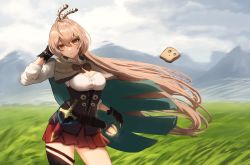 Rule 34 | 1girl, ahoge, belt, brown capelet, brown cloak, brown corset, brown eyes, brown hair, cape, capelet, cloak, cloud, cloudy sky, corset, dagger, feather hair ornament, feathers, field, friend (nanashi mumei), gloves, grass, hair ornament, hairclip, hieroglyphics, highres, hololive, hololive english, knife, lantern, lcvvv, long hair, looking at viewer, mountain, multicolored hair, nanashi mumei, partially fingerless gloves, ponytail, red skirt, ribbon, shirt, single thighhigh, skirt, sky, smile, streaked hair, thigh strap, thighhighs, very long hair, virtual youtuber, weapon, white shirt, wind, wind lift