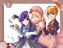 Rule 34 | 00s, 3girls, :d, ^ ^, angry, bad id, bad pixiv id, beatrice (umineko), black gloves, blonde hair, blue hair, blunt bangs, border, bow, bowtie, clenched teeth, closed eyes, cowboy shot, cup, dress, elbow gloves, frederica bernkastel, gloves, green eyes, hat, lambdadelta, long sleeves, multiple girls, open mouth, pink dress, pink hat, red bow, red bowtie, red eyes, short hair, simple background, smile, teacup, teeth, umineko no naku koro ni, white background
