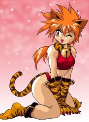 Rule 34 | 1girl, animal costume, animal ears, animal hands, animal print, bell, cat ears, cat tail, costume, manabe jouji, solo, tail, tiger costume, tiger print