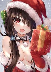 Rule 34 | 1girl, :d, asle, bare shoulders, black hair, blush, bow, breasts, christmas, christmas present, clothes down, date a live, fur collar, gift, gloves, hair between eyes, hair censor, hair ornament, hair over one eye, hand up, hat, hat bow, heterochromia, holding, holding gift, incoming gift, long hair, looking at viewer, low twintails, medium breasts, neck ribbon, open mouth, red eyes, ribbon, santa costume, santa gloves, santa hat, smile, snowflake hair ornament, snowing, solo, tokisaki kurumi, twintails, upper body, yellow eyes