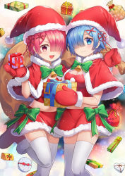 Rule 34 | 2girls, :d, alternate costume, alternate hair ornament, blue eyes, blue hair, blush, box, breasts, cake, capelet, christmas, cleavage, commentary request, feet out of frame, female focus, food, foot up, fur-trimmed capelet, fur-trimmed gloves, fur-trimmed headwear, fur-trimmed skirt, fur trim, gift, gift box, gloves, hair ornament, hair over one eye, hair ribbon, hat, highres, holding, holding sack, looking at viewer, matching hair/eyes, medium breasts, midriff, miniskirt, mongble, multiple girls, navel, open mouth, pink eyes, pink hair, ram (re:zero), re:zero kara hajimeru isekai seikatsu, red gloves, red headwear, red ribbon, red skirt, rem (re:zero), ribbon, sack, santa costume, santa hat, short hair, siblings, sisters, skindentation, skirt, smile, thighhighs, twins, white legwear, x hair ornament