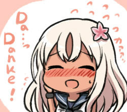 Rule 34 | 10s, 1girl, :d, engiyoshi, flower, german text, hair flower, hair ornament, kantai collection, long hair, lowres, open mouth, ro-500 (kancolle), school uniform, serafuku, smile, solo, tan, translated, white hair