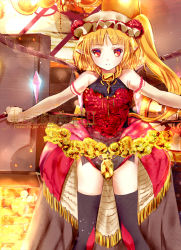 Rule 34 | 1girl, alternate costume, bad id, bad pixiv id, black thighhighs, blonde hair, elbow gloves, embodiment of scarlet devil, female focus, flandre scarlet, flower, gloves, heco (mama), long hair, pointy ears, red eyes, rose, side ponytail, solo, thighhighs, touhou, wings, yellow flower, yellow rose