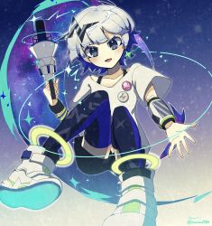 Rule 34 | 1girl, blue eyes, blue hair, earrings, eclair groove, floating, hair ornament, highres, jewelry, looking at viewer, metro mew, multicolored hair, norwo724, pin, shirt, shoes, short hair, short sleeves, shorts, smile, solo, thighhighs, two-tone hair, virtual youtuber, white footwear, white hair