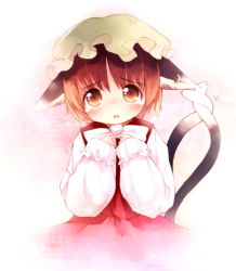 Rule 34 | 1girl, animal ears, bad id, bad pixiv id, bow, bowtie, brown eyes, brown hair, cat ears, cat girl, cat tail, chen, female focus, hat, kito (sorahate), multiple tails, short hair, solo, tail, tears, touhou