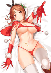 Rule 34 | 1girl, atelier (series), atelier ryza, atelier ryza 1, bikini, blush, breasts, brown eyes, brown footwear, brown hair, capelet, christmas, covered erect nipples, gloves, green322, hair ornament, hairclip, hat, highres, holly, large breasts, looking at viewer, lying, micro bikini, navel, reaching, reaching towards viewer, red bikini, red capelet, red gloves, reisalin stout, santa bikini, short hair, skindentation, solo, star (symbol), swimsuit, thighhighs, thighs, white hat, wrist cuffs
