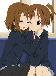 Rule 34 | 00s, 2girls, bad id, bad pixiv id, blush, bow, bowtie, brown eyes, brown hair, cheek-to-cheek, closed eyes, female focus, gen@chikuwa, hair ornament, hairclip, hand on another&#039;s face, happy, heads together, highres, hirasawa ui, hirasawa yui, hug, incest, k-on!, multiple girls, one eye closed, open mouth, pantyhose, ponytail, school uniform, short hair, siblings, sisters, sitting, skirt, smile, tooya daisuke, wink, yuri