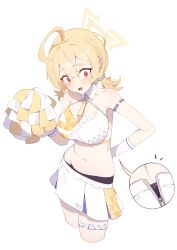Rule 34 | !, 1girl, ?, absurdres, ahoge, bare shoulders, blonde hair, blue archive, blush, braid, breasts, cheerleader, cleavage, clenched hand, commentary request, feet out of frame, gloves, hair between eyes, halo, highres, holding, holding pom poms, kotori (blue archive), kotori (cheer squad) (blue archive), large breasts, long hair, looking at viewer, millennium cheerleader outfit (blue archive), navel, official alternate costume, open mouth, partially unzipped, pom pom (cheerleading), pom poms, red eyes, seizou hidzuke, short twintails, simple background, skirt, solo, sweat, sweatdrop, tareme, thick thighs, thighlet, thighs, triangle halo, twintails, undersized clothes, weight conscious, white background, white gloves, white skirt, wing collar, yellow halo, zipper skirt