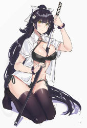 Rule 34 | 1girl, azur lane, between breasts, black hair, black thighhighs, bow, breasts, brown eyes, commentary request, echj, hair bow, holding, holding sword, holding weapon, katana, large breasts, long hair, looking at viewer, military, ponytail, simple background, solo, swimsuit, sword, takao (azur lane), thighhighs, weapon