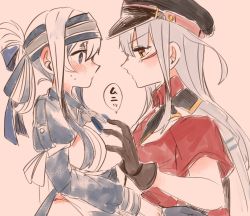 Rule 34 | 2girls, ainu clothes, blouse, blue eyes, blush, grabbing another&#039;s breast, breasts, brown eyes, brown gloves, closed mouth, facial scar, from side, gangut (kancolle), gloves, grabbing, gradient background, grey hair, hair between eyes, hat, headband, itomugi-kun, jacket, jacket on shoulders, japanese clothes, kamoi (kancolle), kantai collection, large breasts, long hair, long sleeves, military, military hat, military jacket, military uniform, multiple girls, peaked cap, red shirt, scar, scar on cheek, scar on face, shirt, short sleeves, uniform, white jacket, yuri