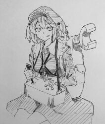Rule 34 | 1girl, :p, backpack, bag, commentary, flat cap, greyscale, hat, highres, kanaria (bocmn), kawashiro nitori, key, long sleeves, monochrome, one-hour drawing challenge, pocket, shirt, simple background, sketch, skirt, solo, tongue, tongue out, touhou, traditional media, two side up, wrench