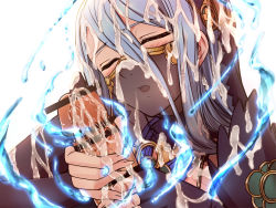 Rule 34 | 1girl, :o, azura (fire emblem), bar censor, blue hair, blush, censored, closed eyes, cum, cum on clothes, cum on fingers, cum on hair, ejaculation, facial, fingerless gloves, fingernails, fire emblem, fire emblem fates, gloved handjob, gloves, hair between eyes, handjob, looking at viewer, magic, mouth veil, nintendo, open mouth, out of frame, parted lips, penis, saijou satoru, see-through, simple background, solo focus, veil, water, white background