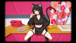 Rule 34 | 1girl, :d, animal ear fluff, animal ears, belt, black hair, black nails, blush, breasts, cat ears, cat tail, cookie, curtains, earrings, food, highres, indie virtual youtuber, jewelry, juniya, kijikoru, kitchen, large breasts, long hair, looking at viewer, medium breasts, midriff, navel, open mouth, pleated skirt, radio, red eyes, silhouette, sitting, skirt, smile, solo, spread legs, tail, thigh strap, virtual youtuber