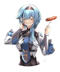 Rule 34 | animatrix, black hairband, blue hair, blue necktie, blush, breasts, chest harness, closed mouth, clothing cutout, cropped torso, eula (genshin impact), food, food on face, genshin impact, hairband, hand on own face, harness, highres, holding, holding food, large breasts, long sleeves, medium hair, necktie, puffy long sleeves, puffy sleeves, shoulder cutout, signature, simple background, smile, steak, timestamp, white background, white sleeves