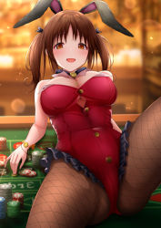 Rule 34 | 1girl, :d, animal ears, bare shoulders, black ribbon, blurry, blurry background, bracelet, breasts, brown eyes, brown hair, brown pantyhose, cleavage, commentary request, depth of field, fake animal ears, fishnet pantyhose, fishnets, frilled leotard, frills, glint, hair ribbon, highres, idolmaster, idolmaster cinderella girls, indoors, jewelry, knee up, large breasts, leotard, looking at viewer, monaka curl, open mouth, pantyhose, parted bangs, playboy bunny, poker chip, poker table, rabbit ears, red leotard, ribbon, smile, solo, spread legs, strapless, strapless leotard, table, totoki airi, twintails