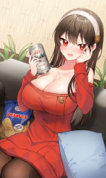 Rule 34 | 1girl, absurdres, alcohol, asahi breweries, bare shoulders, beer can, black pantyhose, blush, breasts, can, cleavage, couch, drink, drink can, drooling, drunk, hand on own face, heart, heart-shaped pupils, highres, large breasts, off-shoulder sweater, off shoulder, on couch, open mouth, pantyhose, peanut, pelicana, pillow, red sweater, sitting, smile, spy x family, sweater, symbol-shaped pupils, yor briar