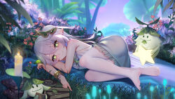 Rule 34 | 1girl, absurdres, anklet, aranara (genshin impact), bare arms, bare legs, bare shoulders, barefoot, blurry, book, book stack, bracelet, breasts, candle, closed mouth, cross-shaped pupils, dress, feet, flower, full body, genshin impact, gradient hair, grass, green eyes, green hair, grey hair, hair between eyes, hair ornament, highres, jewelry, leaf, leaf hair ornament, long hair, looking at viewer, lying, multicolored hair, nahida (genshin impact), nature, no shoes, on side, outdoors, pantyhose, plant, pointy ears, side ponytail, sidelocks, sleeveless, sleeveless dress, small breasts, smile, soles, symbol-shaped pupils, toes, white dress, white pantyhose, xingchee