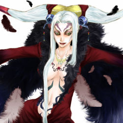 Rule 34 | 1990s (style), 1girl, bad id, bad pixiv id, breasts, cleavage, dissidia final fantasy, final fantasy, final fantasy viii, horns, koshi00x, large breasts, long hair, navel, revealing clothes, solo, tattoo, ultimecia, white hair, yellow eyes