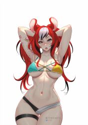 Rule 34 | 1girl, absurdres, alternate breast size, animal ears, arm tattoo, armpits, arms behind head, artist name, bare shoulders, bikini, black hair, blue eyes, blush, breasts, cleavage, collarbone, hakos baelz, highres, hololive, hololive english, large breasts, long hair, looking at viewer, mouse ears, mouse girl, multicolored hair, myth1carts, navel, patreon logo, pixiv logo, red hair, shoulder tattoo, solo, stomach, streaked hair, swimsuit, tattoo, thigh strap, thighs, twitter logo, virtual youtuber, white hair