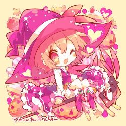 Rule 34 | 1girl, ;d, blush, boots, brown hair, cake, candy, chibi, dress, food, frilled dress, frills, hat, heart, hibi89, long sleeves, looking at viewer, lowres, merc storia, one eye closed, open mouth, orange eyes, pink dress, pink hat, pumpkin, shirt, smile, soiree (merc storia), solo, star (symbol), white shirt, witch hat