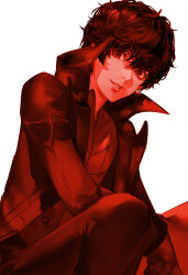 Rule 34 | 1boy, amamiya ren, blazpu, coat, gloves, hair between eyes, high collar, highres, long sleeves, looking at viewer, male focus, monochrome, open clothes, open coat, open hand, pants, parted lips, persona, persona 5, red theme, simple background, solo