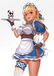 Rule 34 | adapted costume, alternate costume, alternate hairstyle, apron, archery shooting glove, blonde hair, blue skirt, breasts, brown eyes, cleavage, clothing cutout, contrapposto, dark-skinned female, dark skin, elf, enmaided, frilled thighhighs, frills, garter straps, gloves, hair down, hand on own hip, highres, holding, holding tray, hololive, kintsuba (shiranui flare), large breasts, long hair, maid, maid headdress, miniskirt, multicolored hair, partially fingerless gloves, pointy ears, puffy short sleeves, puffy sleeves, shiranui flare, shiranui flare (old design), short sleeves, simple background, single garter strap, single thighhigh, skirt, solo, streaked hair, thighhighs, tray, underboob cutout, underbust, virtual youtuber, vococo, waist apron, waitress, white apron, white background, white thighhighs, wrist cuffs