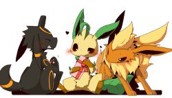 Rule 34 | 00s, 1990s (style), bad id, bad pixiv id, blush, closed eyes, creatures (company), flareon, game freak, gen 1 pokemon, gen 2 pokemon, gen 4 pokemon, gift, grin, heart, holding, holding gift, leaf, leafeon, nintendo, no humans, pokemon, pokemon (creature), pokemon dppt, pokemon gsc, pokemon rgby, retro artstyle, shin (aru0921), sitting, smile, transparent background, umbreon