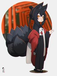 Rule 34 | 1girl, :o, animal ear fluff, animal ears, black footwear, black hair, black kimono, blush, commentary request, fox ears, fox girl, fox tail, fringe trim, hair between eyes, highres, japanese clothes, kimono, kitsune, kuro kosyou, kyuubi, long sleeves, looking at viewer, looking to the side, multiple tails, multiple torii, obi, orange eyes, original, parted lips, ponytail, sandals, sash, short eyebrows, socks, solo, standing, tail, thick eyebrows, torii, white socks, wide sleeves, zouri