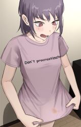 1girl absurdres aguxxxuu chainsaw_man clothes_writing fami_(chainsaw_man) highres indoors light_blush mole mole_under_each_eye mole_under_eye multiple_moles open_mouth panties_visible_through_clothes purple_eyes purple_hair purple_shirt shirt short_hair solo stained_clothes sweat t-shirt