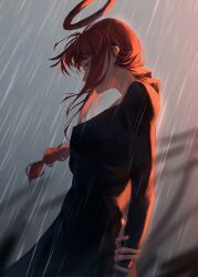 Rule 34 | 1girl, absurdres, braid, braided ponytail, chainsaw man, dress, highres, kozzz y, long hair, looking to the side, makima (chainsaw man), red hair, ringed eyes, water drop, yellow eyes
