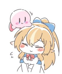 Rule 34 | 1boy, 1girl, blonde hair, blush, chibi, closed eyes, commentary request, dark skin, detached sleeves, elf, floating, gloves, hair ribbon, headpat, high ponytail, hololive, kirby, kirby (series), long hair, multicolored hair, nintendo, pointy ears, ribbon, shiranui flare, shiranui flare (1st costume), smile, souffle sable, streaked hair, virtual youtuber