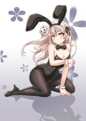 Rule 34 | 1girl, absurdres, animal ears, bow, bowtie, breasts, cenangam, cleavage, detached collar, dice, elsword, eve (elsword), fake animal ears, highres, large breasts, long hair, pantyhose, playboy bunny, rabbit ears, rabbit tail, silver hair, solo, tail, wrist cuffs, yellow eyes
