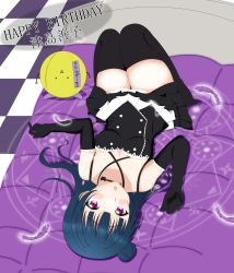Rule 34 | 10s, 1girl, 2019, absurdres, arm on own head, artist name, artist request, bare shoulders, bed, black dress, black thighhighs, black wings, blue hair, blush, boots, breasts, buttons, checkered floor, cleavage, dated, dress, feathers, female focus, hair bun, highres, long hair, looking at viewer, love live!, love live! school idol festival, love live! sunshine!!, lying, on back, on bed, open mouth, purple eyes, purple feathers, red eyes, single hair bun, smile, solo, the fallen angel beloved store, thighhighs, tsushima yoshiko, white background, wings
