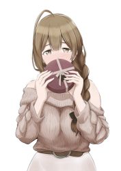 Rule 34 | 1girl, ahoge, bad id, bad twitter id, bare shoulders, belt, black bow, blush, bow, box, braid, breasts, brown eyes, brown hair, covering own mouth, gift, gift box, grey sweater, hair bow, hair over shoulder, highres, holding, holding gift, idolmaster, idolmaster shiny colors, kazuo daisuke, kuwayama chiyuki, large breasts, long braid, long hair, long sleeves, looking at viewer, off-shoulder sweater, off shoulder, simple background, skirt, solo, sweater, white background, white skirt