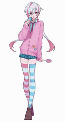 Rule 34 | badge, blue shorts, blue thighhighs, candy, food, highres, holding, holding candy, holding food, holding phone, itou (very ito), necktie, phone, pink eyes, pink hair, pink necktie, pink sweater, pink thighhighs, shirt, short shorts, shorts, sweater, thighhighs, white background, white hair, white shirt