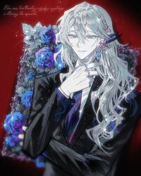 Rule 34 | 1boy, argalia (project moon), black jacket, blue flower, blue gemstone, blue necktie, blue rose, collared shirt, earrings, flower, gem, hair ornament, haloyxxxxxxx, highres, jacket, jewelry, library of ruina, long sleeves, looking at viewer, multiple rings, necktie, project moon, ring, rose, shirt, solo, sparkle, upper body, white hair, white shirt