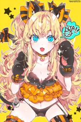 Rule 34 | 1girl, :d, animal ears, animal hands, bad id, bad pixiv id, bell, black bra, black panties, blonde hair, blue eyes, bow, bra, breasts, cat ears, cat paws, cat tail, cleavage, fang, garter straps, hair bow, long hair, looking at viewer, medium breasts, navel, open mouth, panties, piyo (ppotatto), seeu, smile, solo, striped clothes, striped thighhighs, tail, tail bow, tail ornament, thighhighs, twintails, underwear, vocaloid