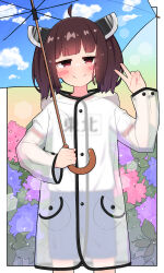 Rule 34 | 1girl, ahoge, alternate costume, blade, blue shorts, blunt bangs, blush stickers, border, brown hair, closed mouth, commentary, double exposure, doyagao, feet out of frame, floral background, flower, gym uniform, half-closed eyes, hand up, head tilt, headgear, hexagon, highres, holding, holding umbrella, hydrangea, lens flare, long sleeves, looking at viewer, miriota, name tag, non-circular lens flare, outside border, red eyes, shirt, shirt tucked in, short hair, short sleeves, shorts, sky print, smile, smug, solo, straight-on, touhoku kiritan, transparent raincoat, twintails, umbrella, v, v-shaped eyebrows, voiceroid, white border, white shirt