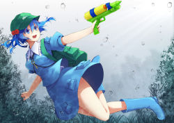 Rule 34 | 1girl, :d, air bubble, backpack, bag, blue eyes, blue footwear, blue hair, blue shirt, blue skirt, boots, breasts, bubble, colored eyelashes, full body, furapechi, hair between eyes, hair bobbles, hair ornament, kawashiro nitori, key, looking away, medium breasts, open mouth, rubber boots, shirt, short hair, skirt, skirt set, smile, solo, touhou, two side up, underwater, water gun
