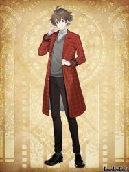Rule 34 | 1boy, ahoge, black footwear, black pants, brown hair, clenched hand, coat, copyright name, grey sweater vest, hand up, hatorihatelier, male focus, pandora party project, pants, red coat, red eyes, short hair, simple background, socks, solo, standing, sweater vest, yellow background