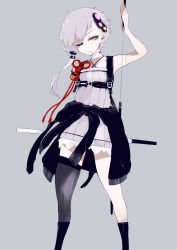 Rule 34 | 1girl, alternate costume, alternate hairstyle, bandaged neck, bandages, black footwear, black jacket, black thighhighs, boots, closed mouth, clothes around waist, dress, grey background, hair ornament, highres, holding, holding weapon, jacket, jacket around waist, nail polish, one eye closed, purple dress, short hair with long locks, silver hair, simple background, single thighhigh, sleeveless, sleeveless dress, solo, strapless, strapless dress, susumu, sword, thighhighs, tube dress, vocaloid, voiceroid, weapon, weapon on back, yellow nails, yuzuki yukari
