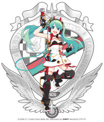 Rule 34 | aqua eyes, aqua hair, badge, bare shoulders, black gloves, cable, character name, crypton future media, dress, fingerless gloves, full body, gloves, goodsmile racing, hatsune miku, headphones, headset, highres, holding, impact wrench, leg up, len (a-7), long hair, official art, open mouth, piapro, racing miku, racing miku (2020), shin guards, sleeveless, sleeveless dress, smile, star (symbol), strapless, strapless dress, twintails, vocaloid, wheel, white dress, wings