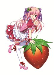 Rule 34 | 1girl, ;d, absurdres, blue eyes, character request, dress, food, fruit, hairband, highres, long hair, nanami ayane, one eye closed, open mouth, oversized food, oversized object, pink hair, ribbon, smile, solo, strawberry, thighhighs, v, wink