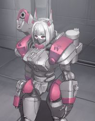 Rule 34 | 1girl, armor, arms at sides, bob cut, colored skin, commentary request, expressionless, gun, highres, hispol (04-uma-alpha), holding, holding gun, holding weapon, humanoid robot, joints, mask, mouth mask, original, power armor, red eyes, robot, robot joints, science fiction, shoulder cannon, solo, standing, weapon, white hair, white skin