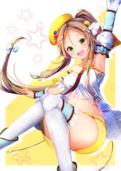 Rule 34 | :d, atelier (series), atelier lydie &amp; suelle, atelier sophie, beret, blush, brown hair, detached sleeves, firis mistlud, flower, green eyes, hair ornament, hat, hat flower, highres, open mouth, ribbon, shorts, smile, socks, solo, tank top, ymd (holudoun)