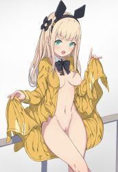Rule 34 | :p, animal ears, bikini, black bikini, blonde hair, blue eyes, bow, breasts, breasts apart, cleft of venus, hair bow, hairband, highres, jacket, long hair, navel, nemeneko 6, nude filter, open clothes, open jacket, original, pussy, rabbit ears, small breasts, swimsuit, third-party edit, tongue, tongue out, uncensored, yellow jacket